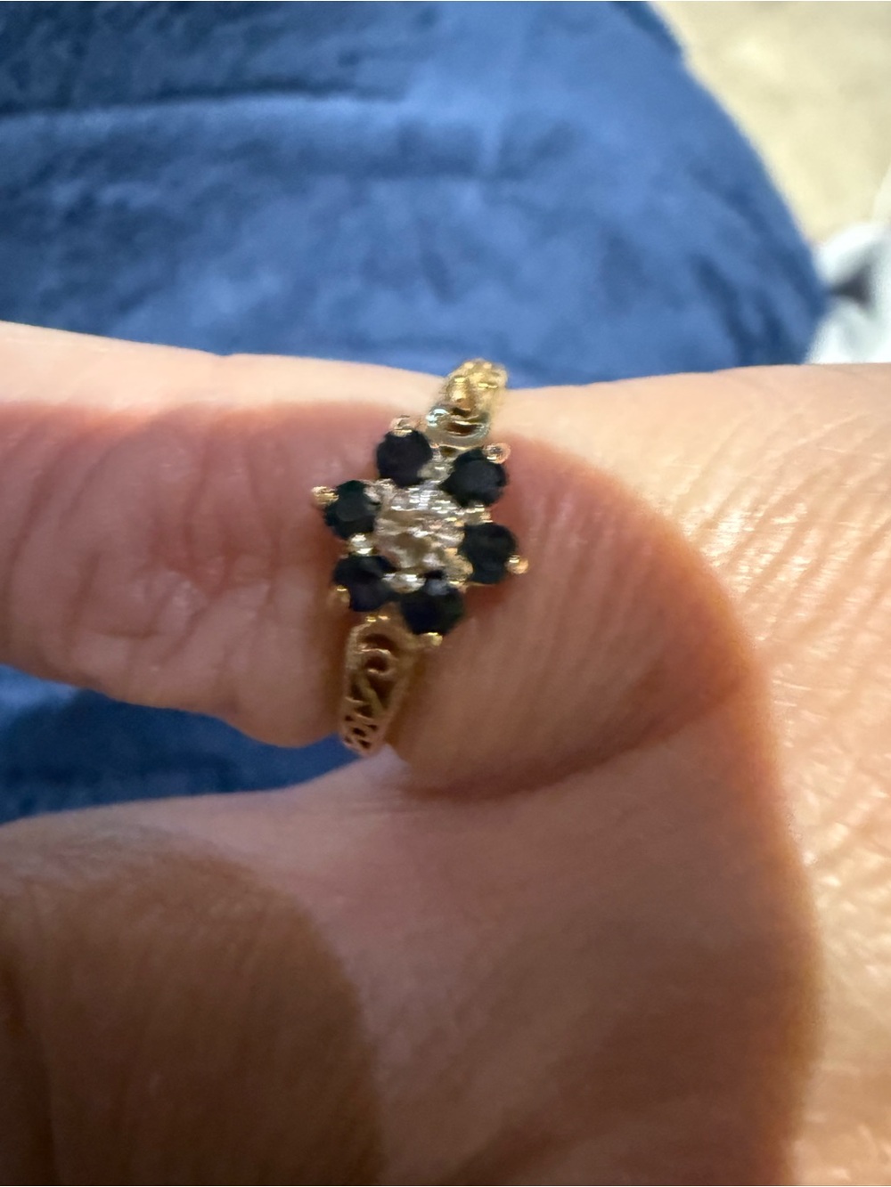 Gold Floral Black Sapphire and Diamond Accent Ring - Unbranded